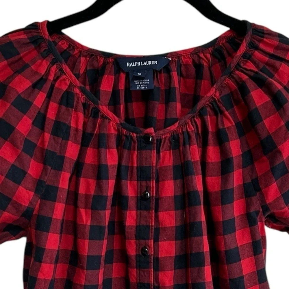 Polo Ralph Lauren Winter Peasant Top Blouse Size 12 Black Red Gingham